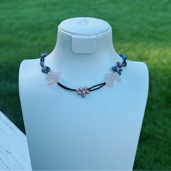 X531 Handmade Freshwater Baroque Pearl Rose Quartz Black Spinel Necklace